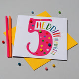 Welsh Age 5 Pink Birthday Card, Penblwydd Hapus, Embellished with Pompoms