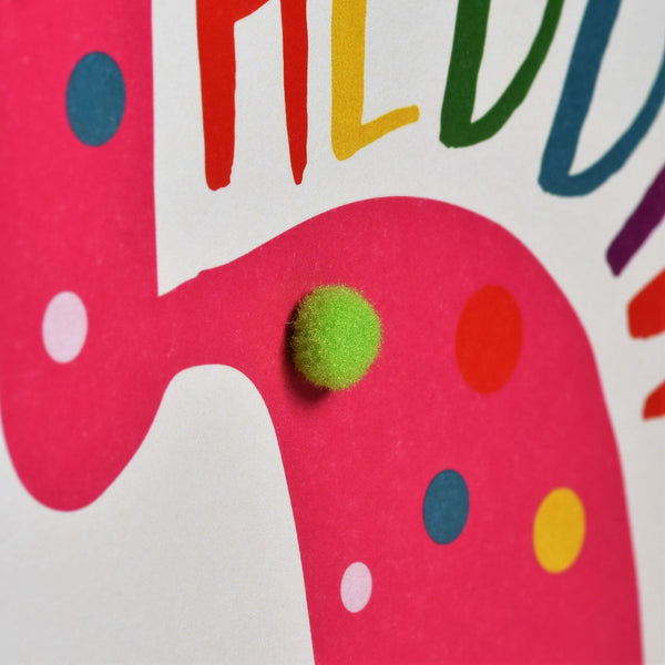 Welsh Age 5 Pink Birthday Card, Penblwydd Hapus, Embellished with Pompoms