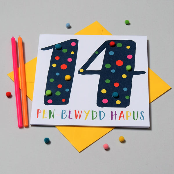 Welsh Age 14 Blue Birthday Card, Penblwydd Hapus, Embellished with Pompoms
