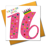 Welsh Age 16 Pink Birthday Card, Penblwydd Hapus, Embellished with Pompoms
