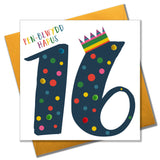 Welsh Age 16 Blue Birthday Card, Penblwydd Hapus, Embellished with Pompoms