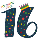 Welsh Age 16 Blue Birthday Card, Penblwydd Hapus, Embellished with Pompoms