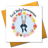 First Holy Communion Card, Blue Flowers, Embellished with pompoms