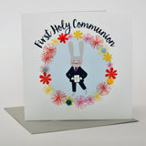 First Holy Communion Card, Blue Flowers, Embellished with pompoms