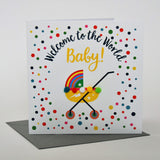 Baby Card, Rainbow Pram, Welcome to the world Baby!, Embellished with pompoms