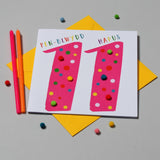 Welsh Age 11 Pink Birthday Card, Penblwydd Hapus, Embellished with Pompoms