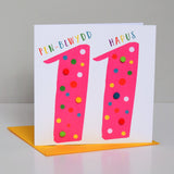 Welsh Age 11 Pink Birthday Card, Penblwydd Hapus, Embellished with Pompoms