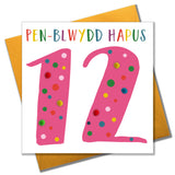 Welsh Age 12 Pink Birthday Card, Penblwydd Hapus, Embellished with Pompoms