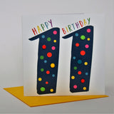 Birthday Card, Age 11 - Blue, Happy Birthday 11, Embellished with pompoms