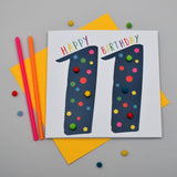 Birthday Card, Age 11 - Blue, Happy Birthday 11, Embellished with pompoms