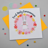 First Holy Communion Card, Pink Flowers, Embellished with pompoms