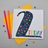 Birthday Card, Age 2 - Blue, 2 Today, Embellished with colourful pompoms