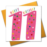 Birthday Card, Age 11 - Pink, Happy Birthday 11, Embellished with pompoms