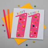 Birthday Card, Age 11 - Pink, Happy Birthday 11, Embellished with pompoms