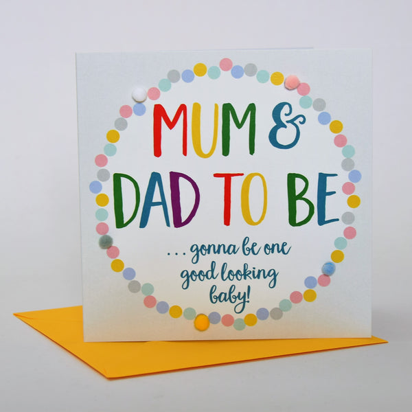 Baby Card, Colour Dots, Mum and Dad to Be Good Luck, Embellished with pompoms