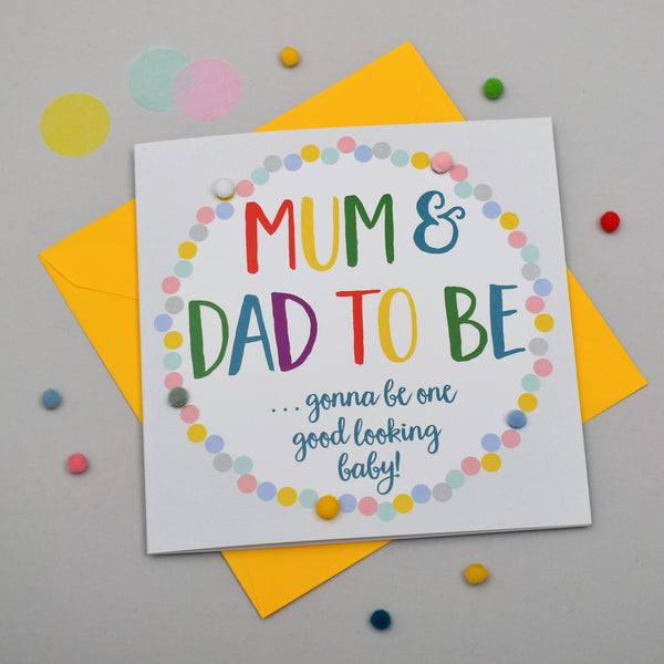 Baby Card, Colour Dots, Mum and Dad to Be Good Luck, Embellished with pompoms