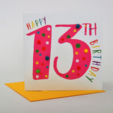 Birthday Card, Age 13 - Pink, Happy 13th Birthday, Embellished with pompoms