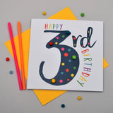 Birthday Card, Age 3 - Blue, Happy 3rd Birthday, Embellished with pompoms