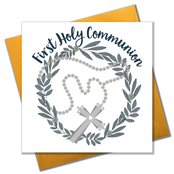 Religious Occassions Card, Beads, First Holy Communion, Embellished with pompoms