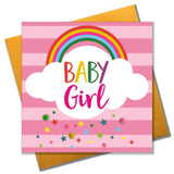 Baby Card, Pink Stripes, Baby Girl, Embellished with colourful pompoms