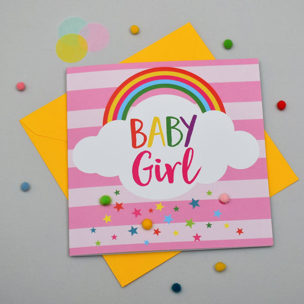 Baby Card, Pink Stripes, Baby Girl, Embellished with colourful pompoms
