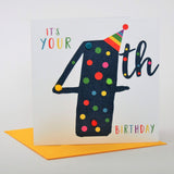 Birthday Card, Age 4 - Blue, It's your 4th Birthday, Embellished with pompoms