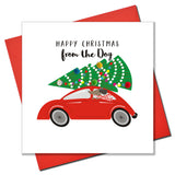 Christmas Card, Dog in the back of a Car, from the Dog, Embellished with pompoms