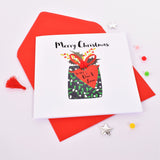 Christmas Card, Present with Heart Tag, The One I Love, Embellished with pompoms