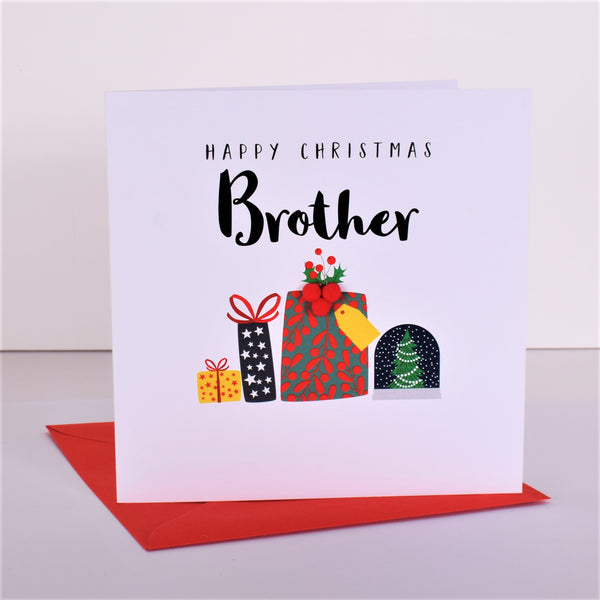 Christmas Card, Pile of Presents, Brother, Embellished with pompoms