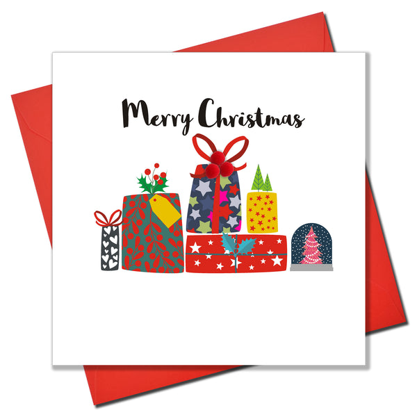 Christmas Card, Pile of Presents, Embellished with colourful pompoms