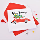 Christmas Card, Christmas Tree on Car, Embellished with colourful pompoms