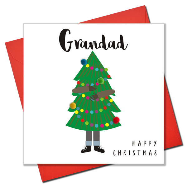 Christmas Card, Man Carrying Christmas Tree, Grandad, Embellished with pompoms
