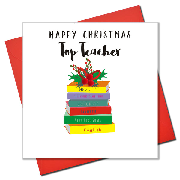 Christmas Card, Pile of School Books, Top Teacher, Embellished with pompoms