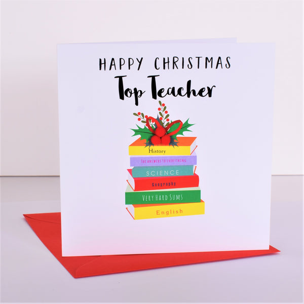 Christmas Card, Pile of School Books, Top Teacher, Embellished with pompoms