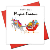 Christmas Card, Unicorn Sleigh, Embellished with colourful pompoms