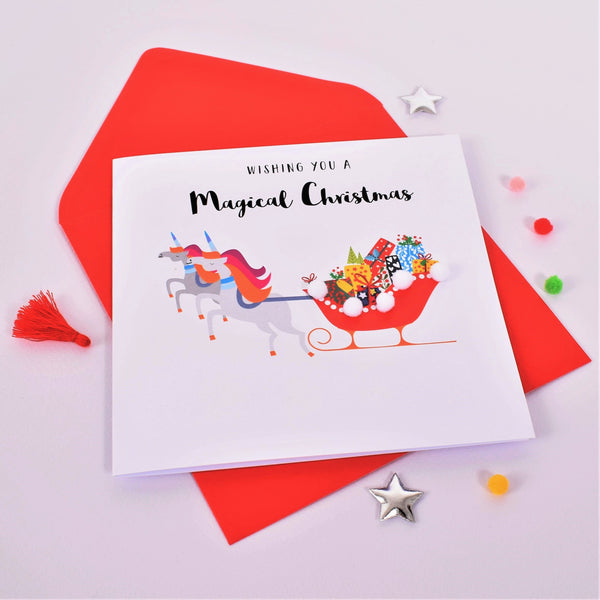 Christmas Card, Unicorn Sleigh, Embellished with colourful pompoms