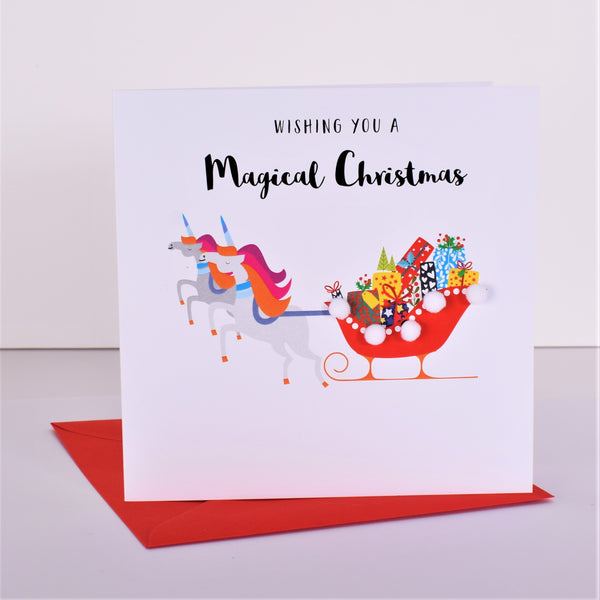 Christmas Card, Unicorn Sleigh, Embellished with colourful pompoms