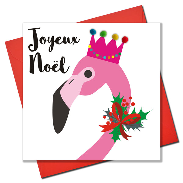 Christmas Card, Flamingo, Joueux Noel, Embellished with colourful pompoms