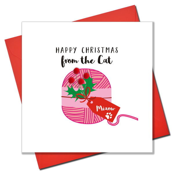 Christmas Card, Ball of Pink String, from the Cat, Embellished with pompoms