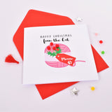 Christmas Card, Ball of Pink String, from the Cat, Embellished with pompoms