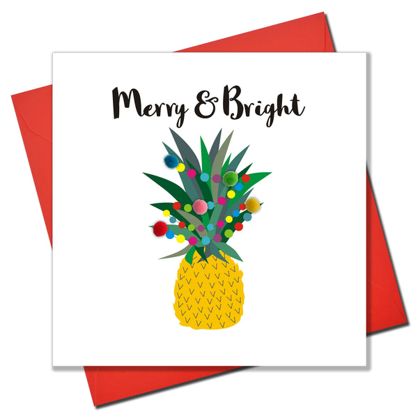 Christmas Card, Pineapple and Fairy Lights, Embellished with colourful pompoms