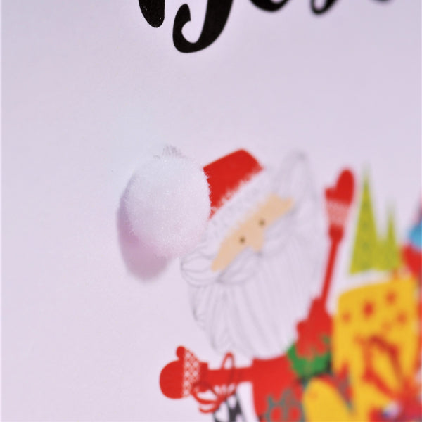 Welsh Dad Christmas Card, Nadolig Llawen, Santa Sleigh, Embellished with Pompoms