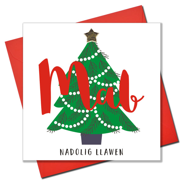 Welsh Son Christmas Card, Nadolig Llawen Mab, Tree, padded star embellished