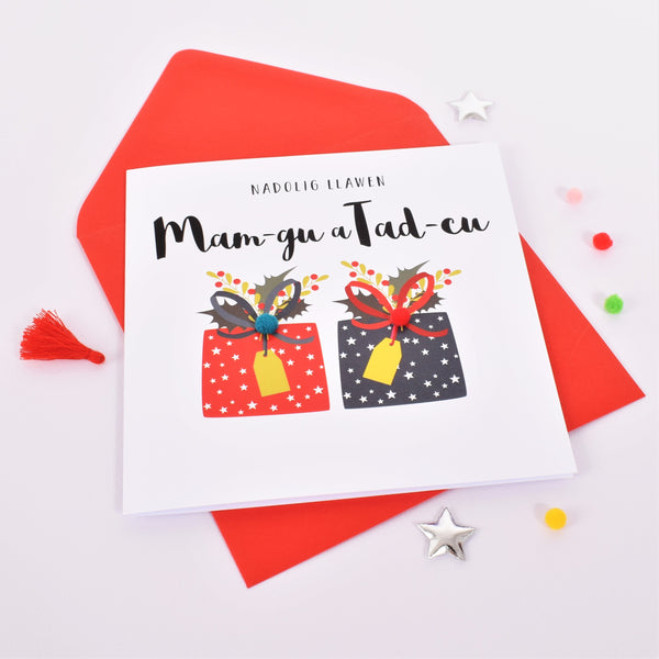 Welsh Granny & Grandad Christmas Card, Mam-gu a Tad-cu, Embellished with Pompoms
