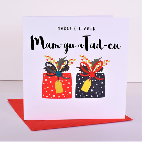 Welsh Granny & Grandad Christmas Card, Mam-gu a Tad-cu, Embellished with Pompoms
