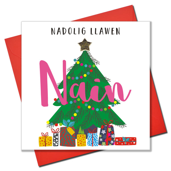Welsh Grandma Christmas Card, Nadolig Llawen Nain, padded star embellished