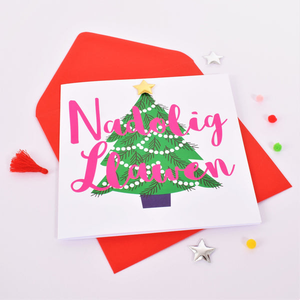 Welsh Christmas Card, Nadolig Llawen, Noel, padded star embellished
