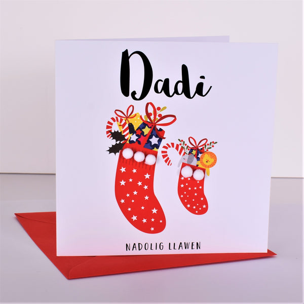 Welsh Daddy Christmas Card, Nadolig Llawen Dadi, Embellished with Pompoms