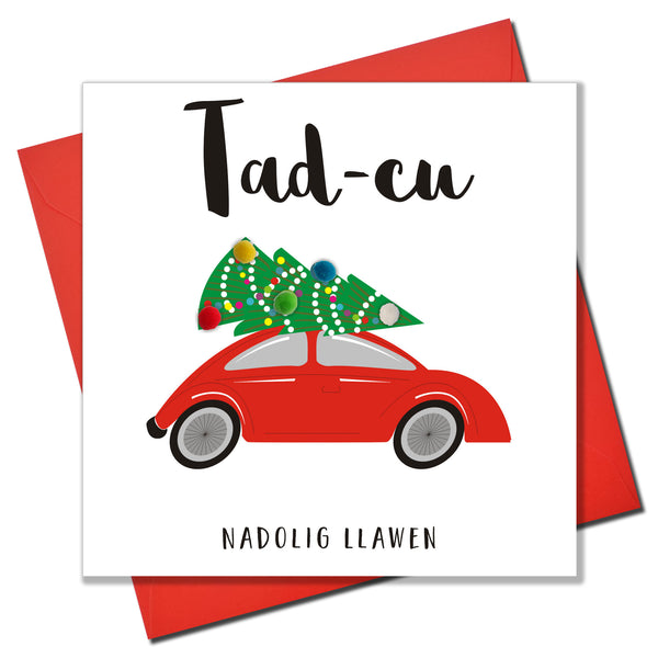 Welsh Grandpa Christmas Card, Nadolig Llawen Tad-cu, Embellished with Pompoms