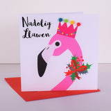 Welsh Christmas Card, Nadolig Llawen, Flamingo, Embellished with Pompoms